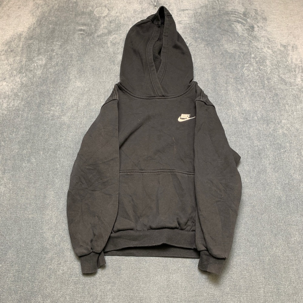 Nike Hoodie Youth Medium Black Swoosh Logo Fleece Lined Athletic Fit Pullover